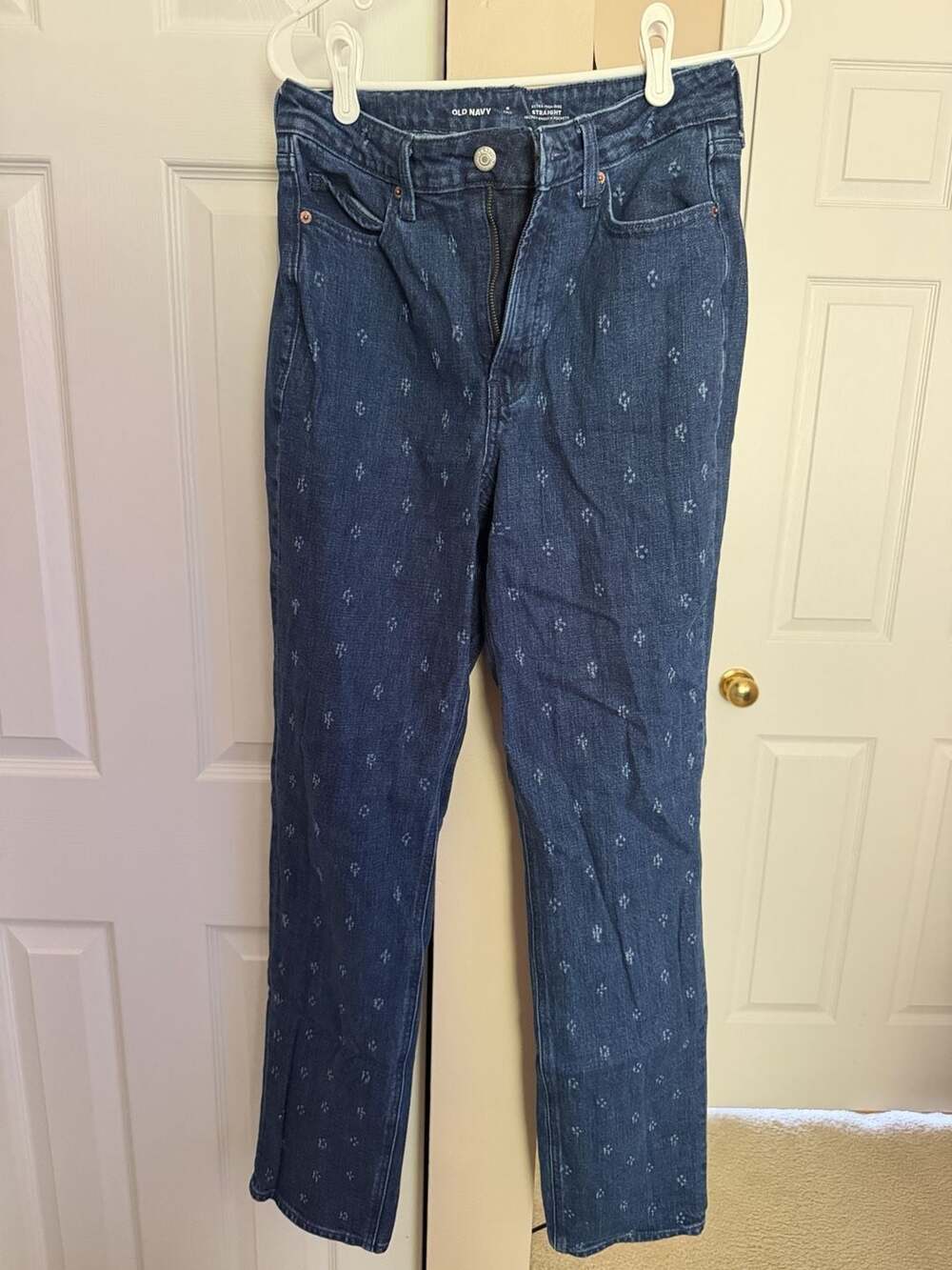 Old Navy Extra High-Rise Straight Jeans Size 6 Tall Blue Micro Pattern